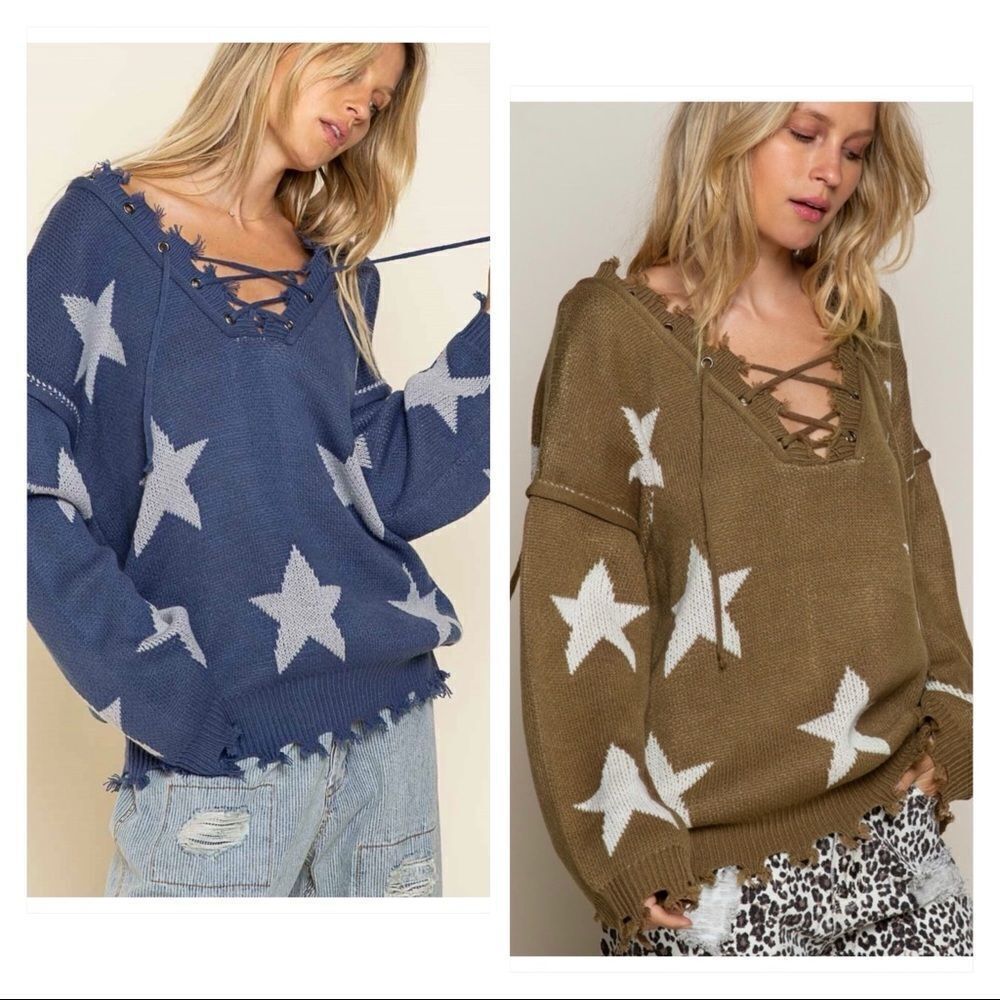 ๐
บPOL Bohemian sweater with tattered raw edges, and Lace up front and back - Picture 4 of 15